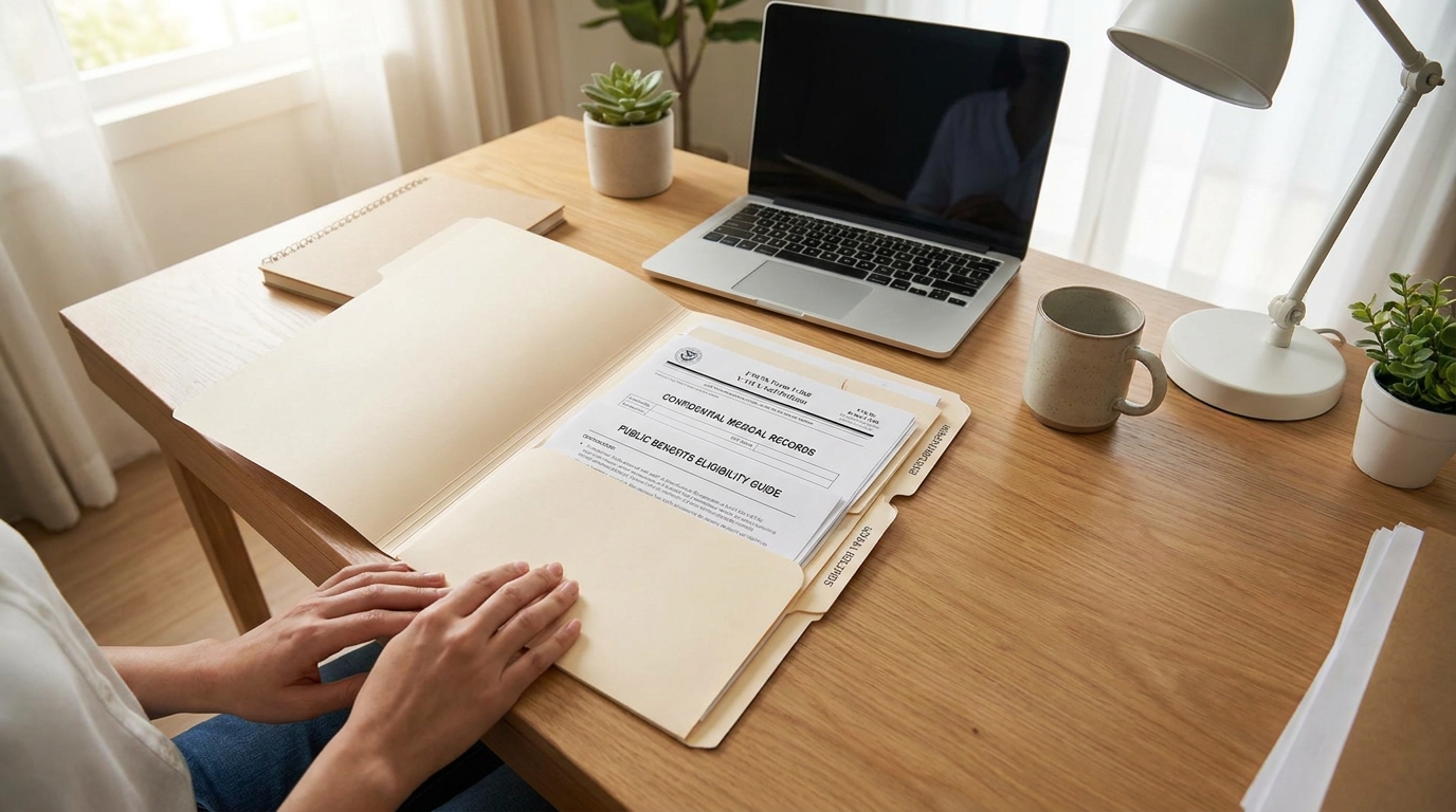 Zava Immigration Law Organized immigration documents, including a pending self-petition and public benefits eligibility information.