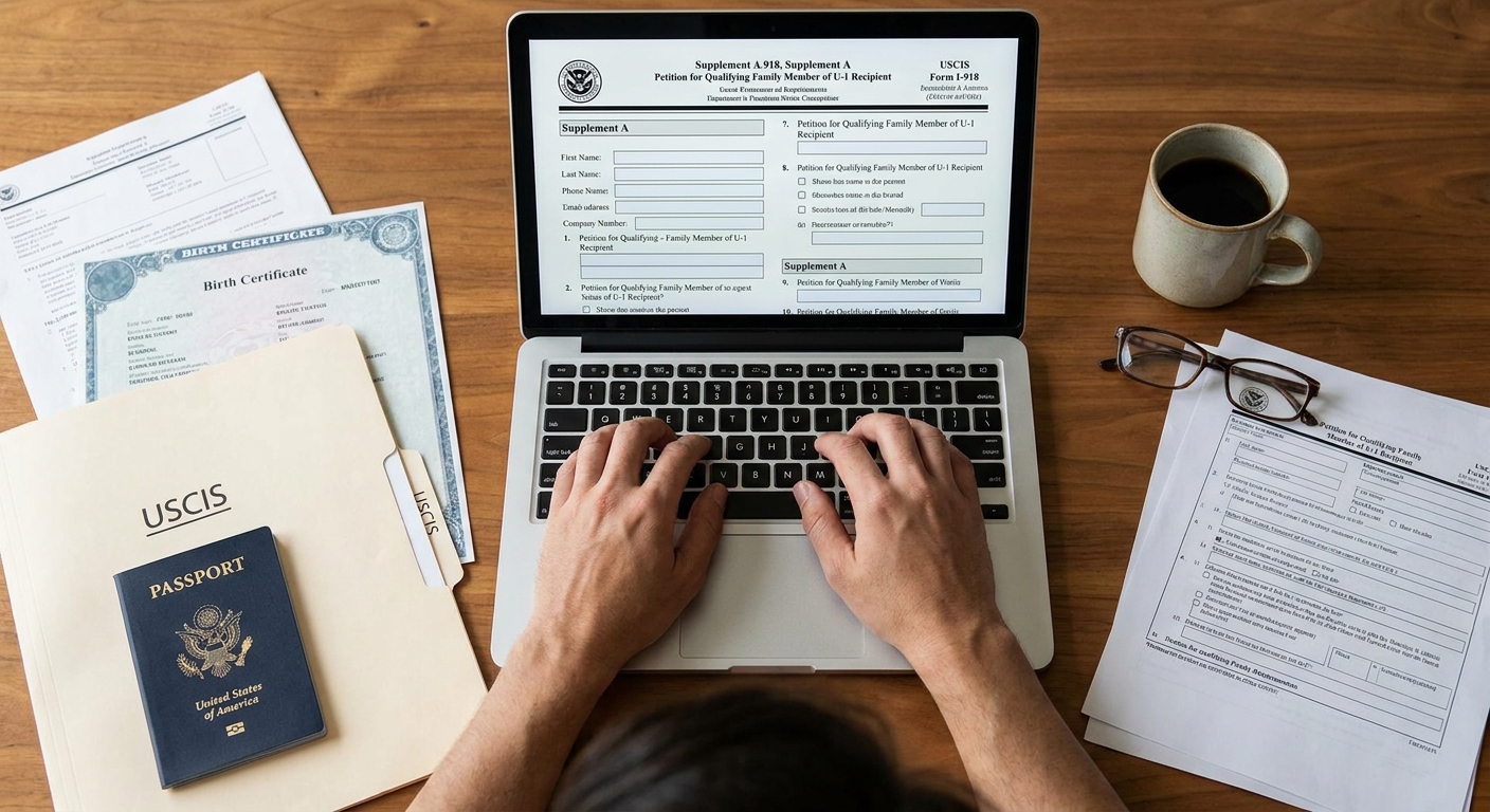 Zava Immigration Law Person's hands typing on a laptop, submitting an immigration petition form with supporting documentation.