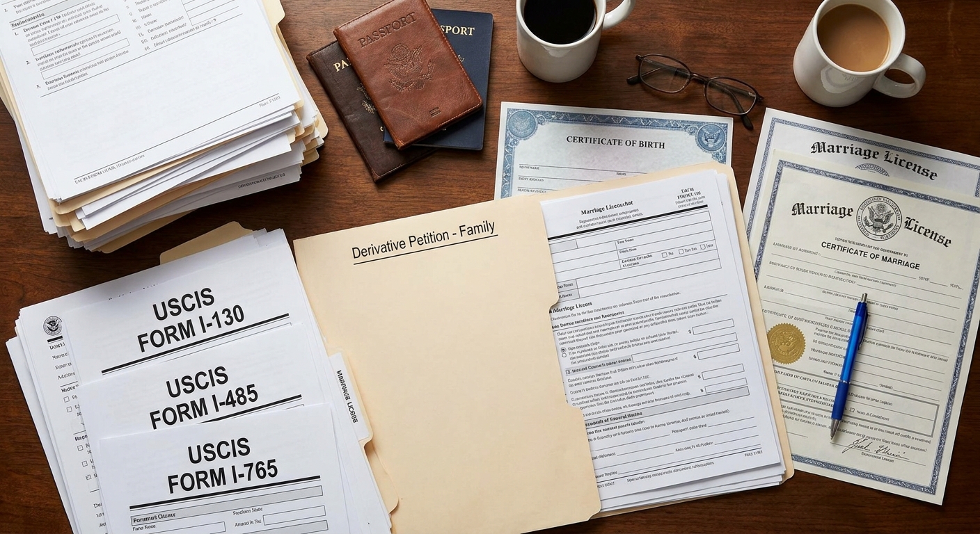 Various immigration forms and family documents, like birth and marriage certificates, indicating a u visa derivative application.