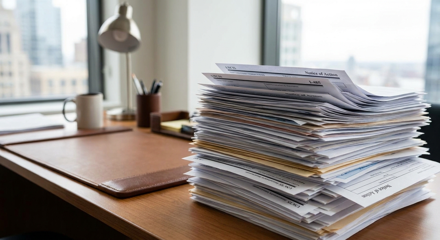 A complex stack of immigration forms and official notices on a desk, representing the extensive green card backlog.