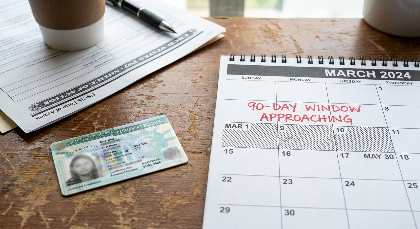 A conditional green card placed on a desk, with a calendar marking an important deadline and an official immigration notice.