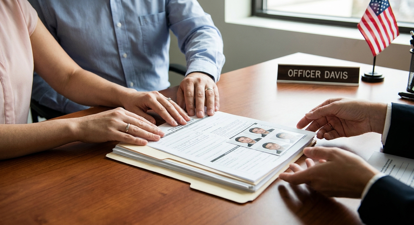 A couple's hands presenting documents for their green card interview questions marriage case in a formal office setting.