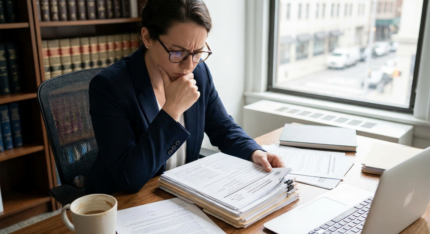 Zava Immigration Law A person reviewing immigration application documents and a checklist at a law office desk.