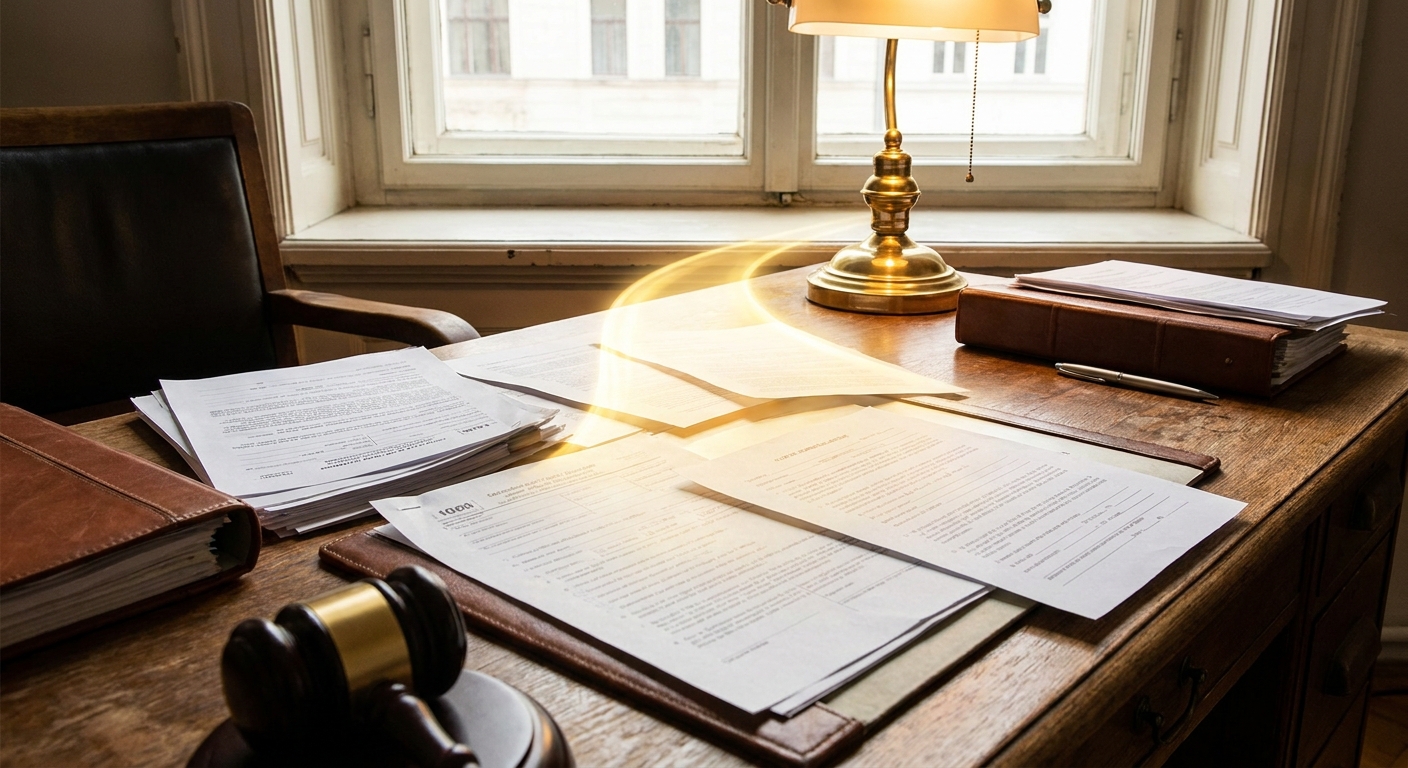 A symbolic image illustrating the path to legal status through T visa requirements, with scattered official documents.