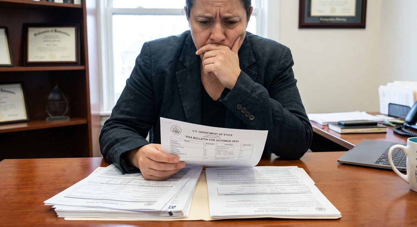 Zava Immigration Law Un solicitante revisa un Boletín de Visas y formularios USCIS en un escritorio. Esto es clave para entender la acumulación de green cards y tu proceso.