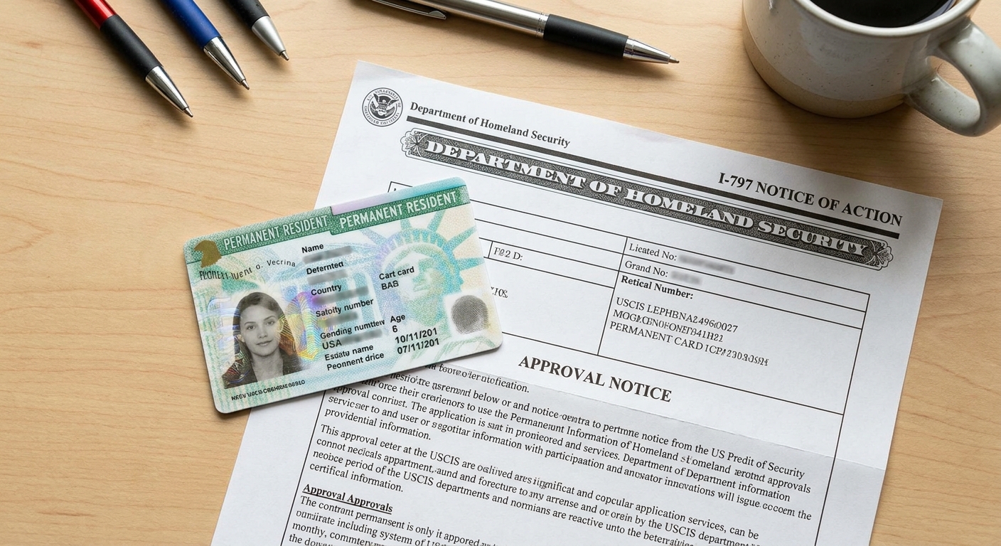 Zava Immigration Law Una tarjeta de residencia permanente aprobada junto a una carta oficial de aprobación de estatus migratorio.