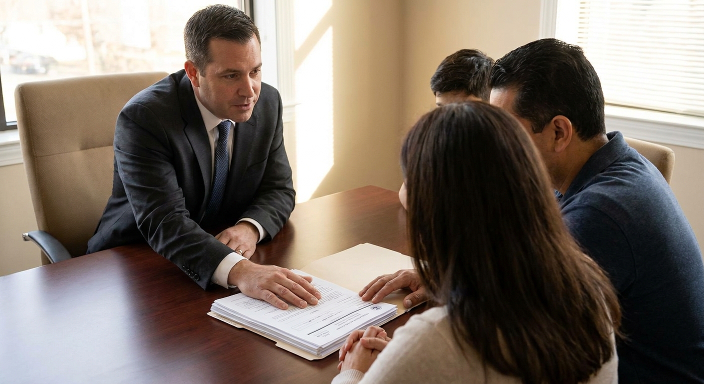 Zava Immigration Law Attorney assisting family members with immigration application documents at a law office.