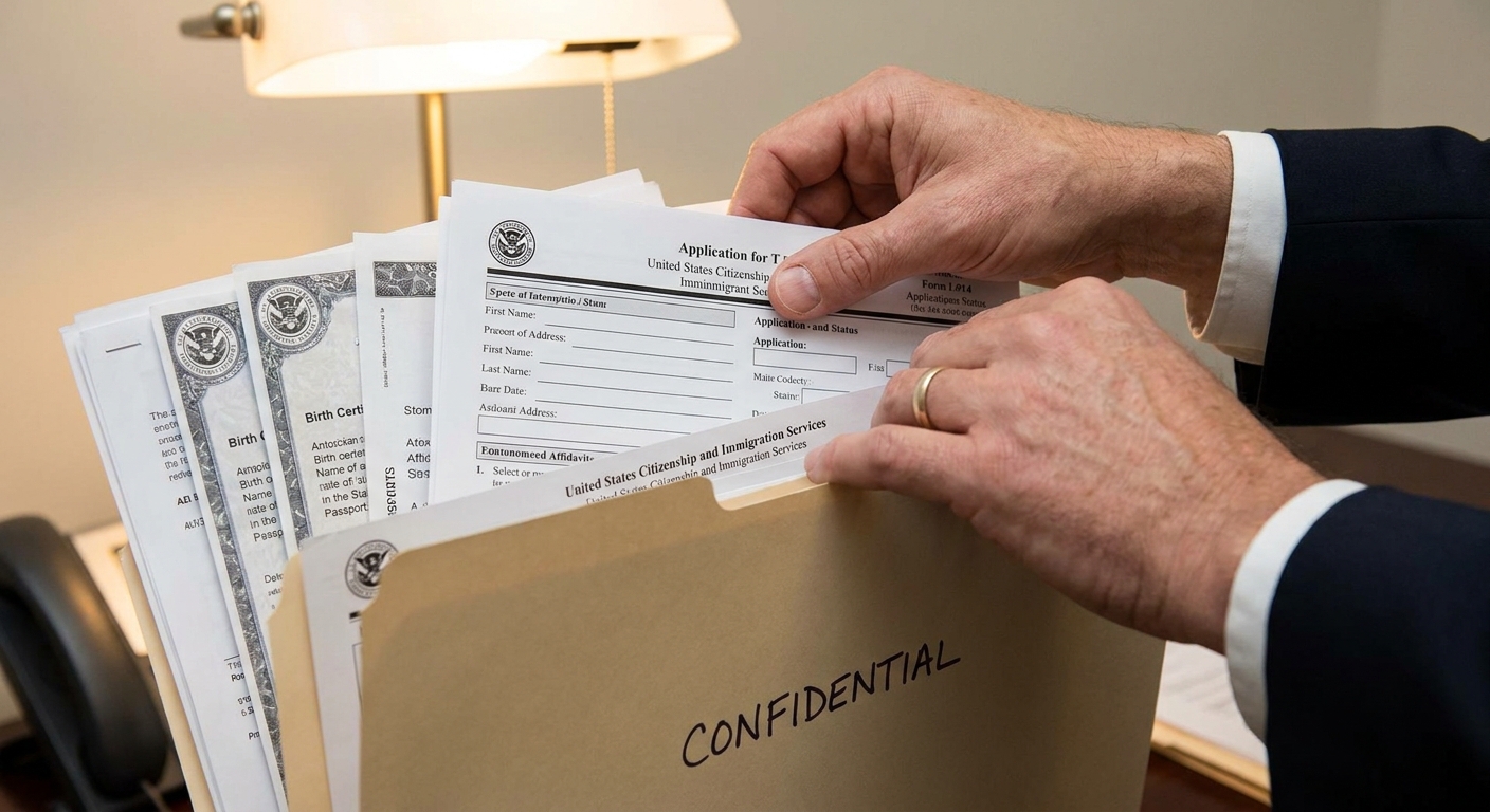 Zava Immigration Law Hands organizing official Form I-914 and evidence documents into a legal folder.