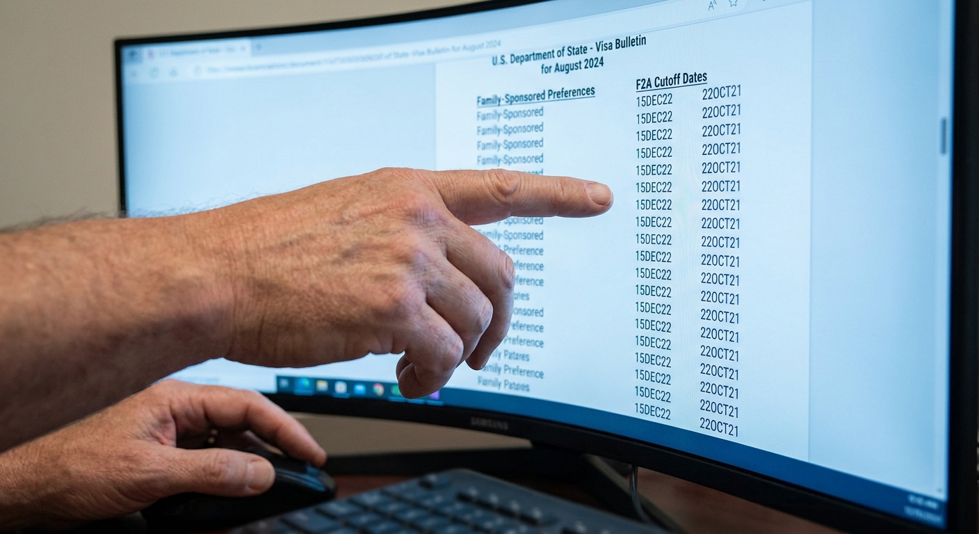 Zava Immigration Law Manos navegando por el Boletín de Visas en línea en una pantalla para verificar fechas de prioridad.
