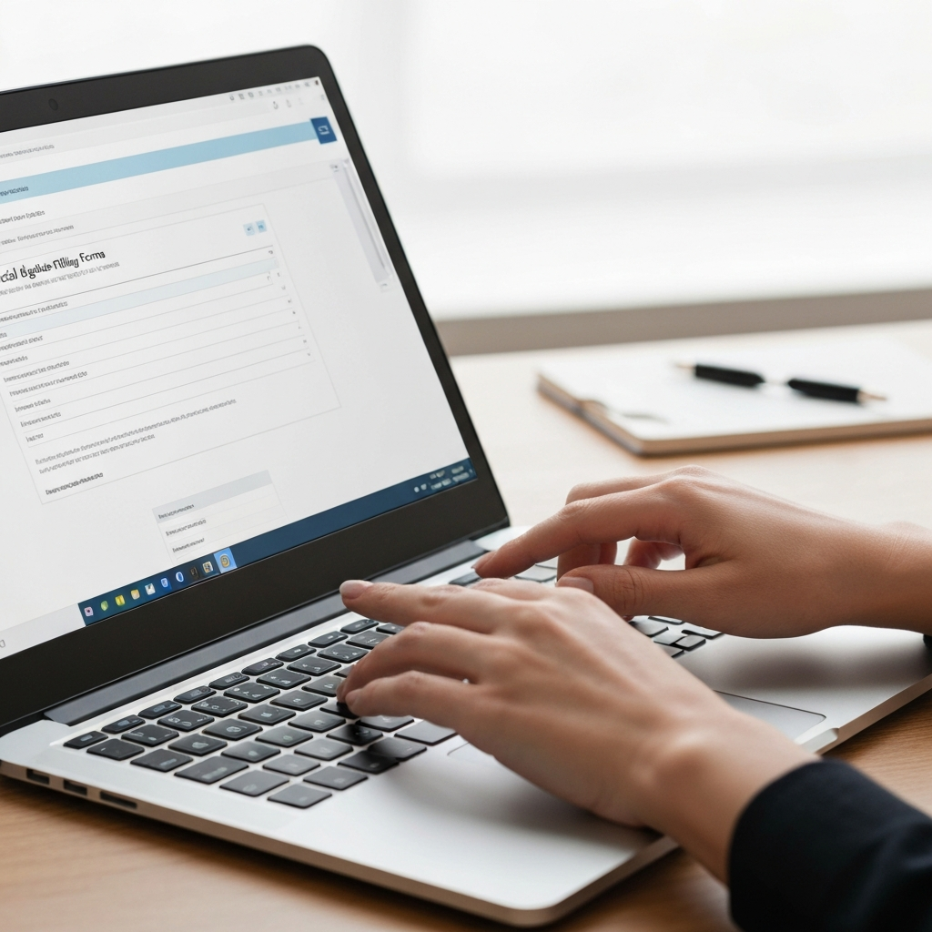 Zava Immigration Law Manos utilizando una plataforma oficial en línea para completar formularios digitales de inmigración para la actualización de estatus.