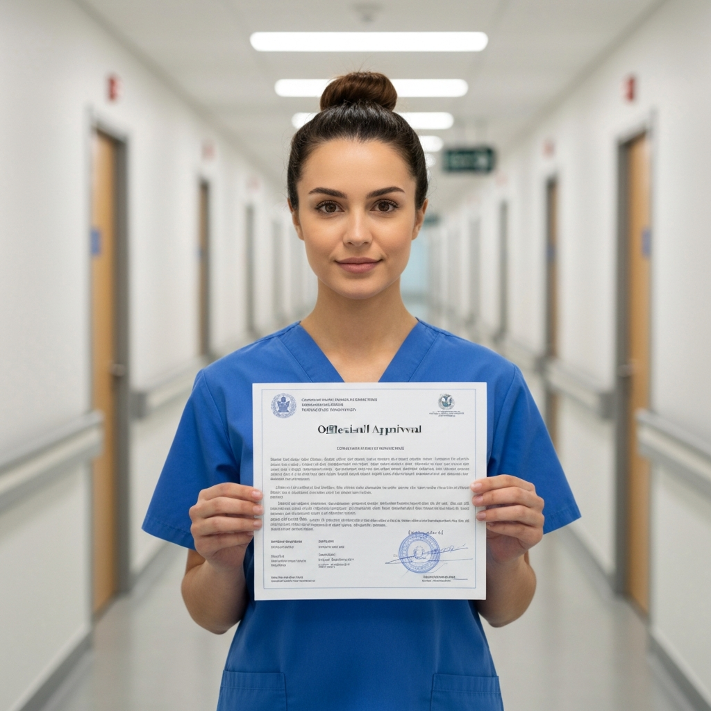Zava Immigration Law Trabajador de la salud sosteniendo una notificación oficial de aprobación gubernamental para su documento de autorización de empleo.