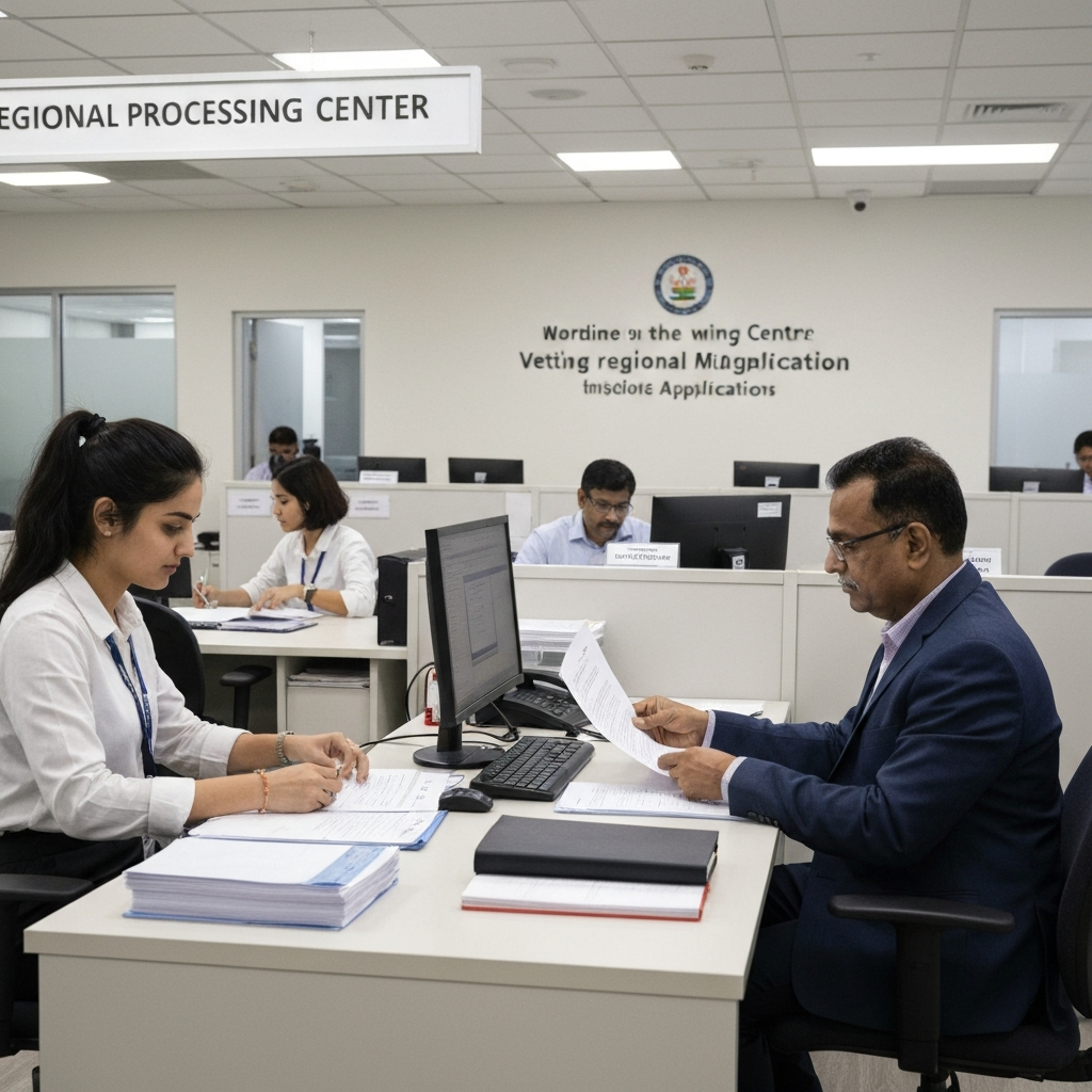 Modern interior of Safe Mobility Offices legal migration pathways processing center in a regional transit country.