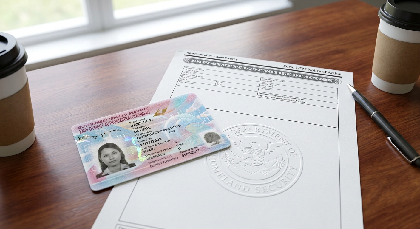 Zava Immigration Law Official Employment Authorization Document and USCIS approval letter on an office desk.
