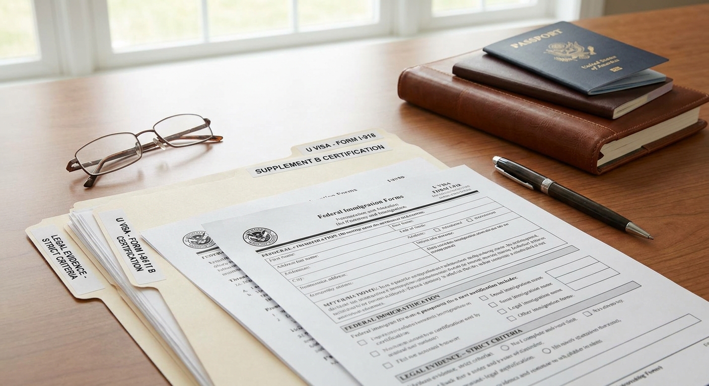Official immigration documents and a table outlining u visa eligibility requirements, signifying the complex legal process for applicants.