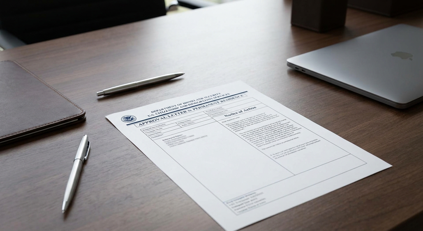 Zava Immigration Law Carta oficial de aprobación de USCIS para una solicitud de inmigración en un escritorio limpio.