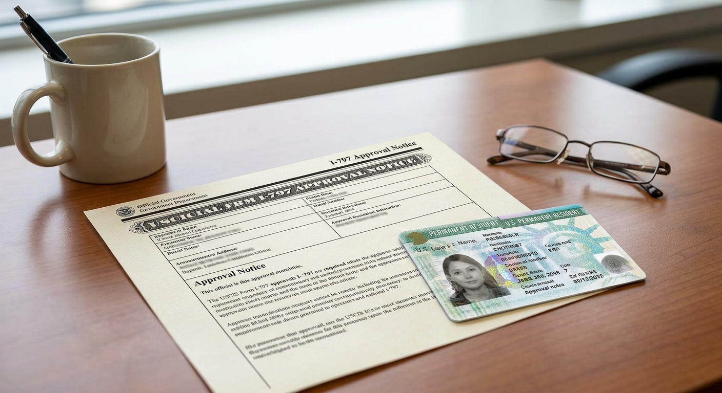 Zava Immigration Law Official USCIS approval notice and a US green card on an office desk.