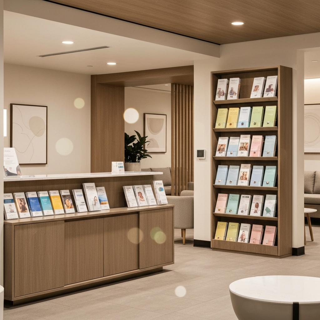 Zava Immigration Law Organized healthcare brochures and appointment documents inside a clean primary care medical facility.