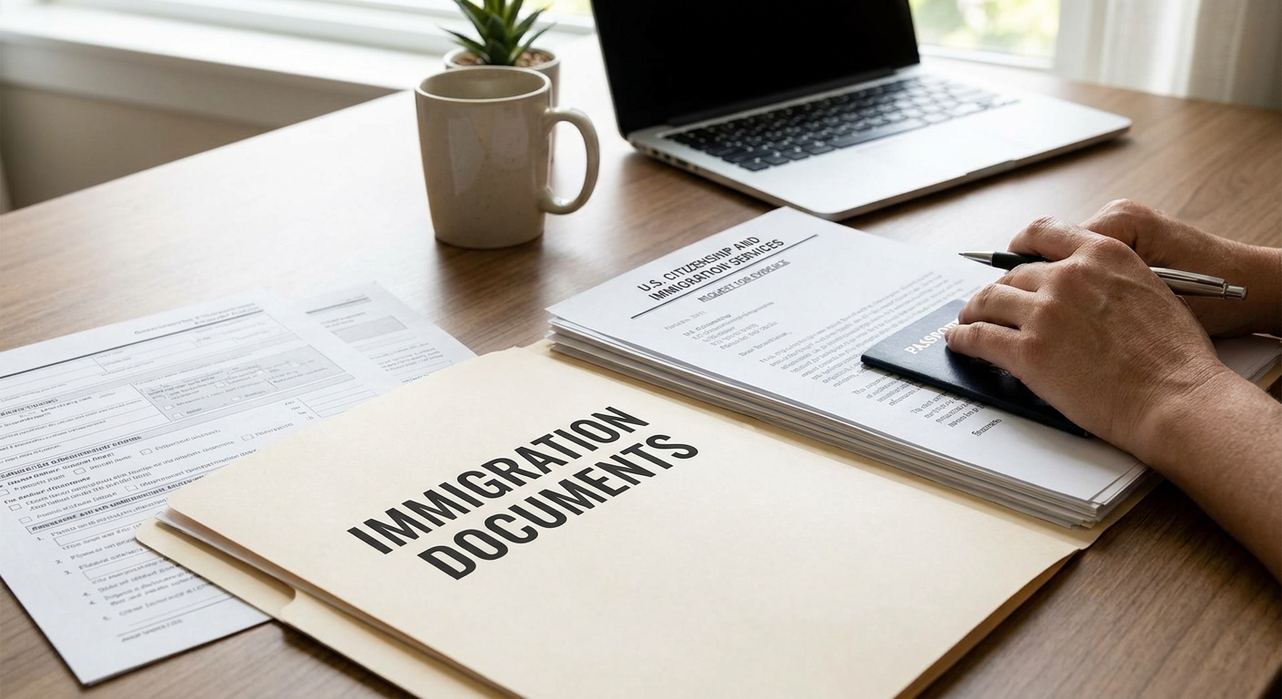 Zava Immigration Law Documentos de inmigración organizados dentro de una carpeta, incluyendo un aviso de RFE.