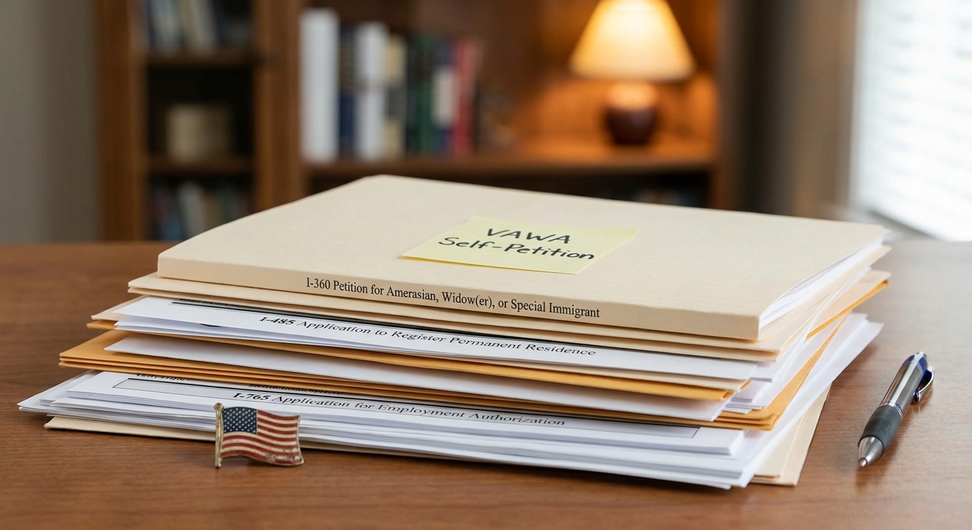Organized legal documents for a VAWA application, symbolizing a pathway to safety and legal residency in the US.