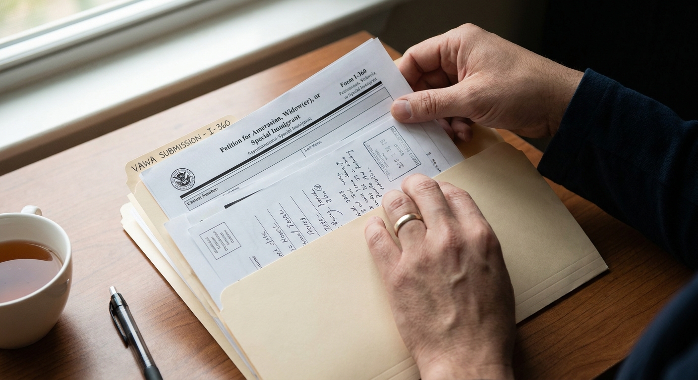 Zava Immigration Law Person's hands organizing supporting documents, including photos and forms, for an immigration petition.