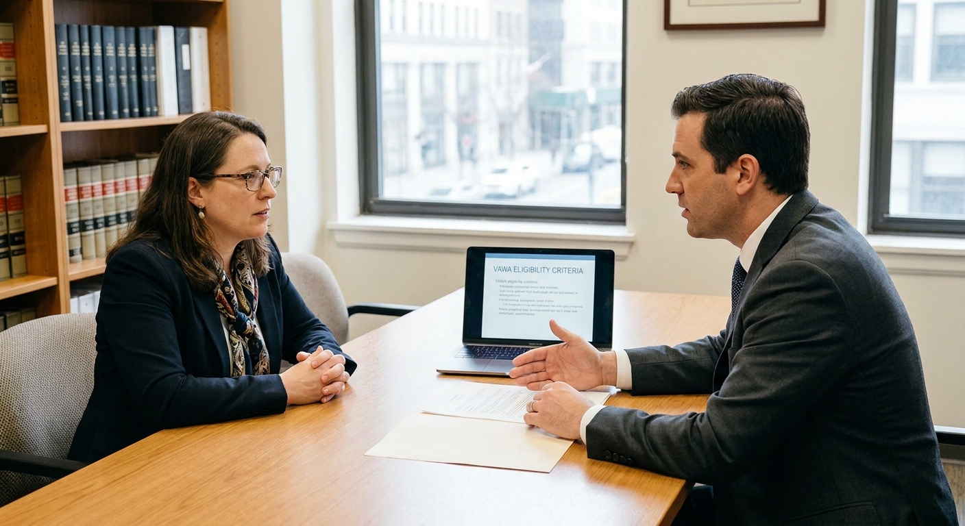 Zava Immigration Law Survivor consulting an immigration attorney on VAWA eligibility and required documentation.