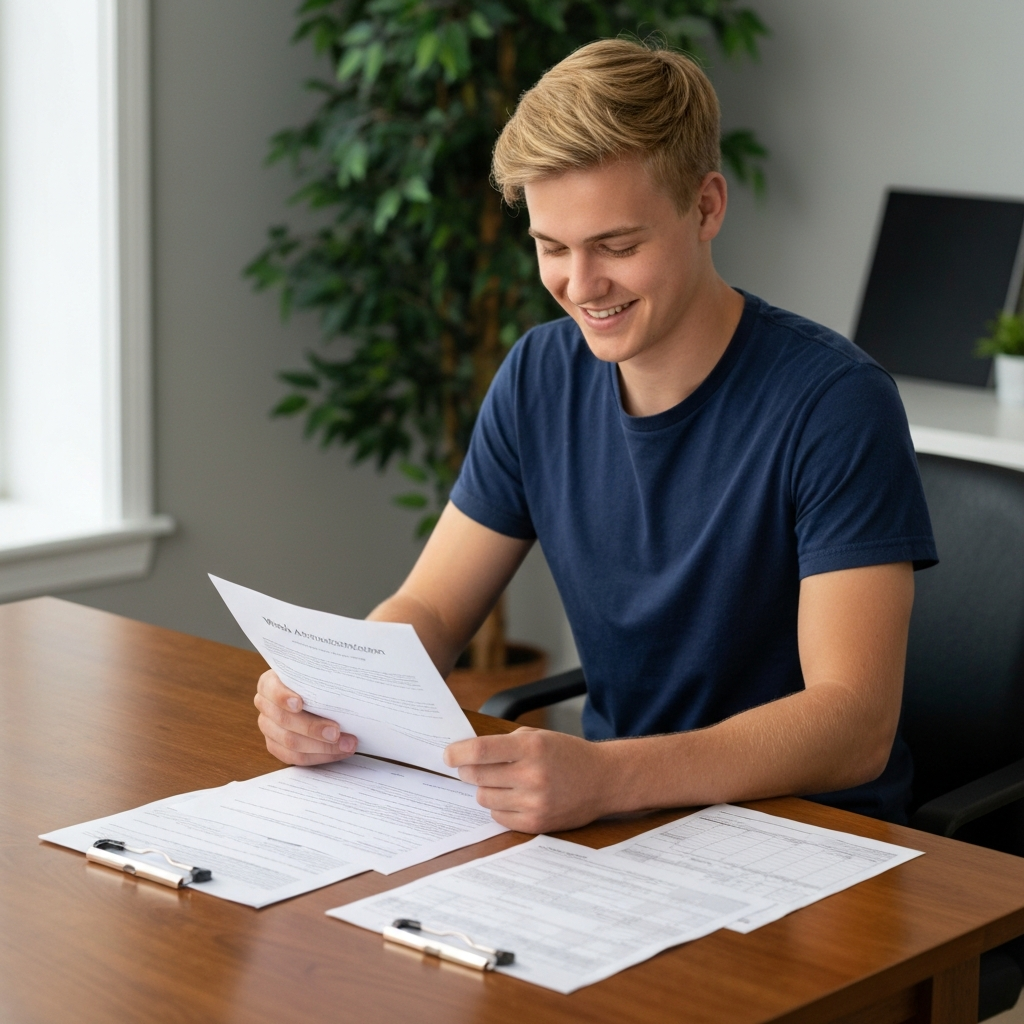 Zava Immigration Law Young immigrant at a desk reviewing work authorization and social security cards for insurance.