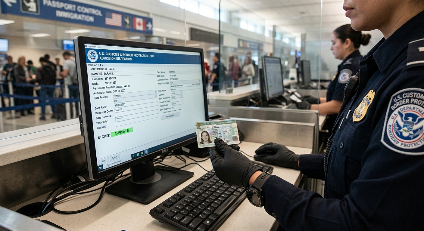 Zava Immigration Law Un oficial de inspección fronteriza sostiene una tarjeta de residente permanente en una terminal de entrada.