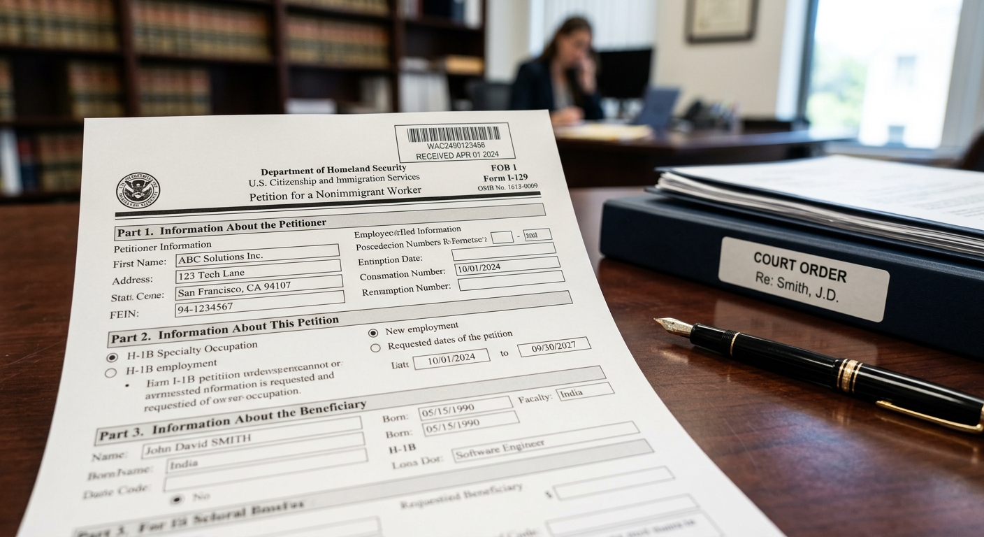 A close-up of a Form I-129 legal petition on an office desk after the H-1B fee policy vacated by court order.