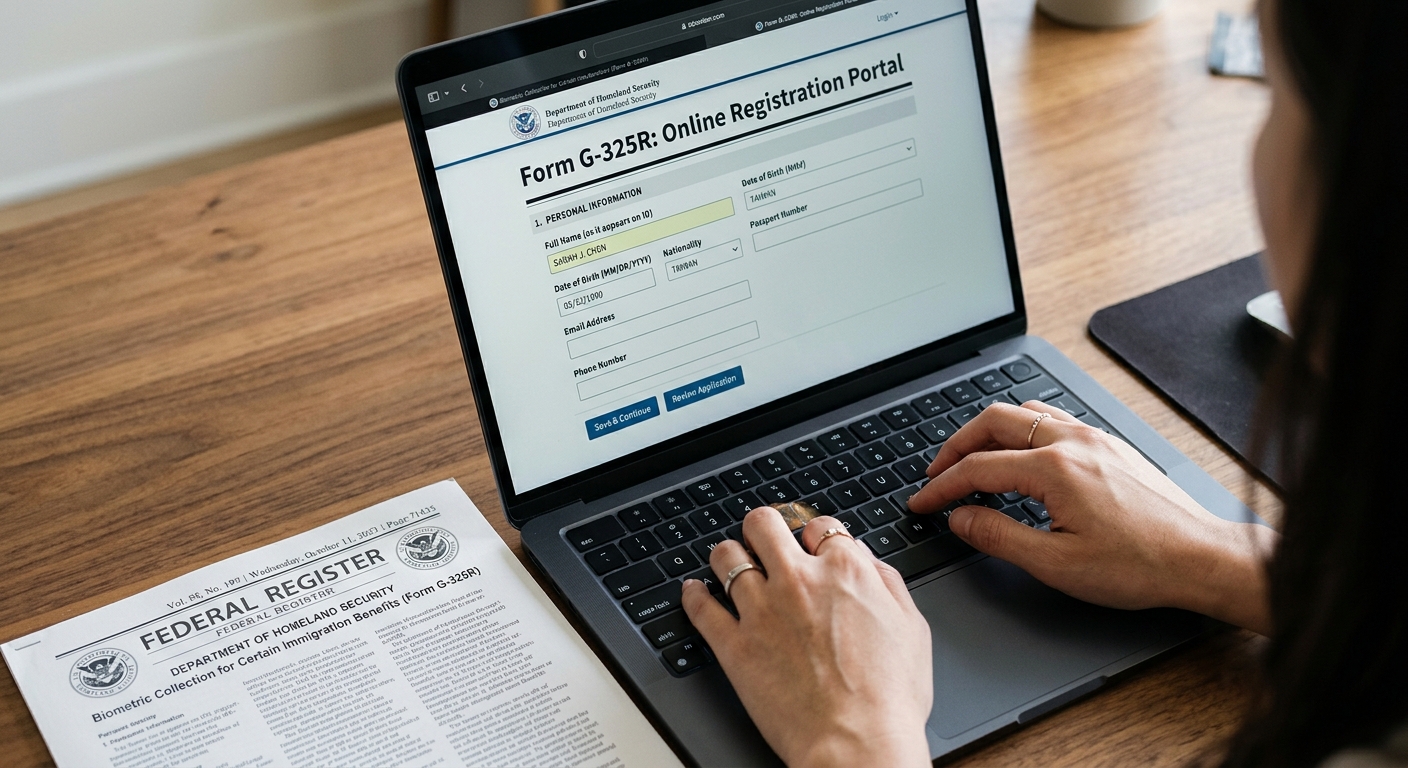 A close-up of hands typing on a laptop screen displaying Form G-325R, illustrating the new mandatory alien registration requirements.