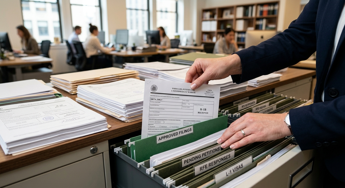 Zava Immigration Law A corporate professional organizing piles of legal immigration forms on an office desk.