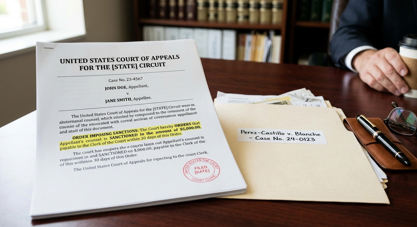 Zava Immigration Law Un aviso de sanción de un tribunal federal se encuentra junto a una carpeta de un caso de inmigración.