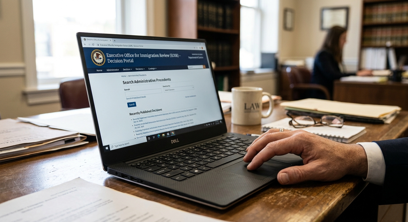 Zava Immigration Law Una persona buscando en el portal de decisiones de la Oficina Ejecutiva de Revisión de Casos de Inmigración en una computadora portátil.