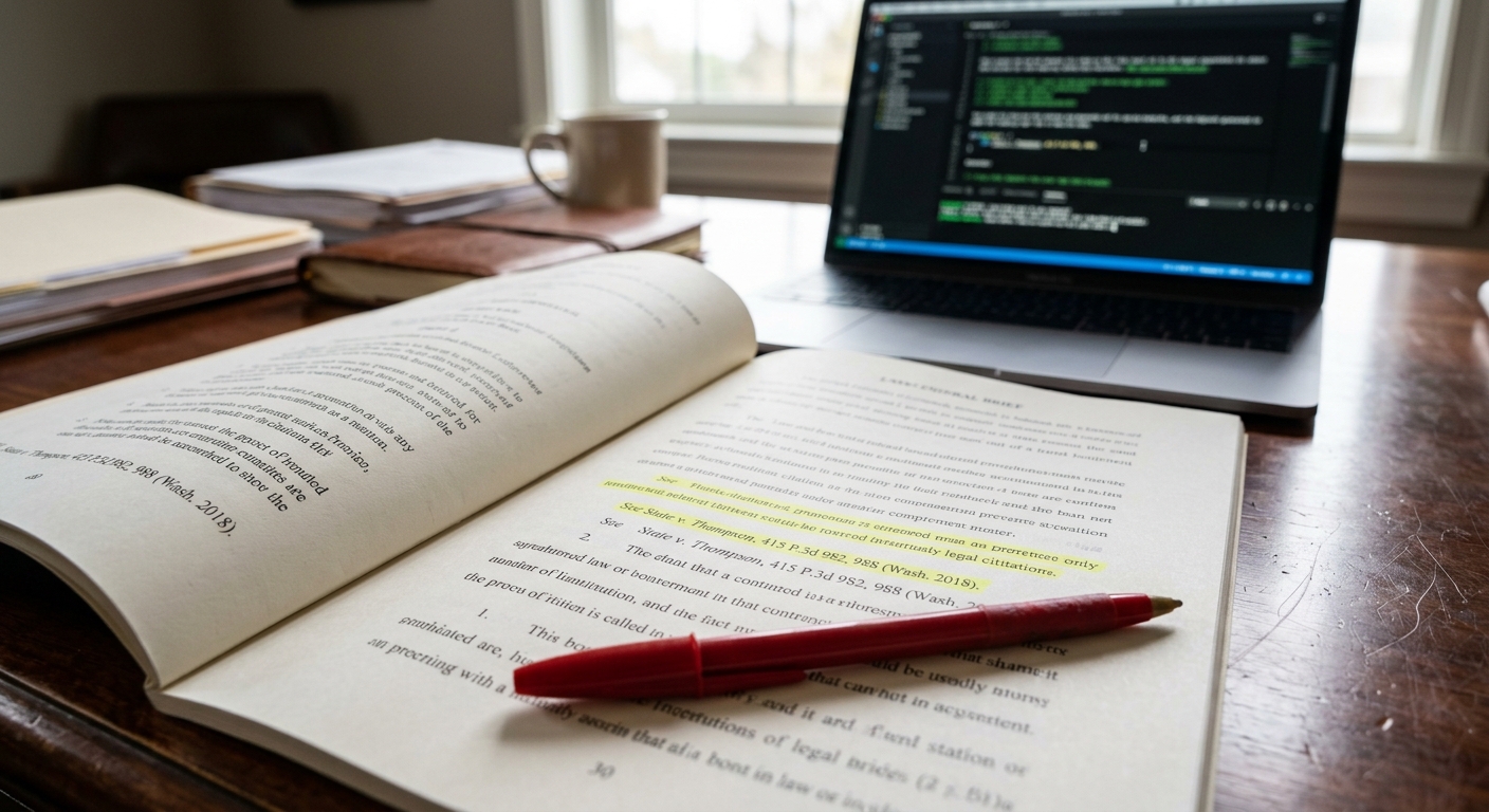 A printed legal document on a desk highlights the court's official Sanctions for AI-Hallucinated Brief filings.