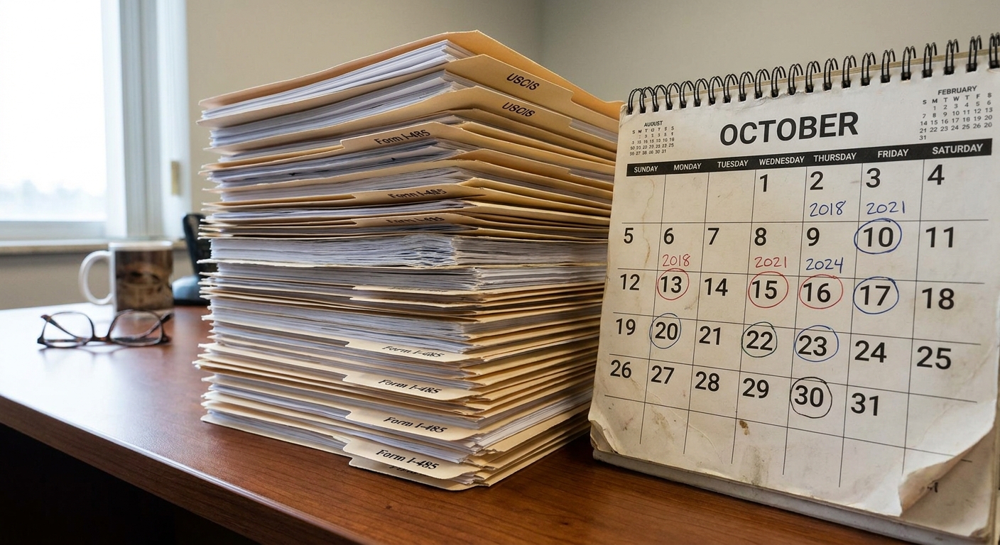 A stack of Form I-918 documents representing the lengthy u visa processing time and the annual 10,000 cap backlog.