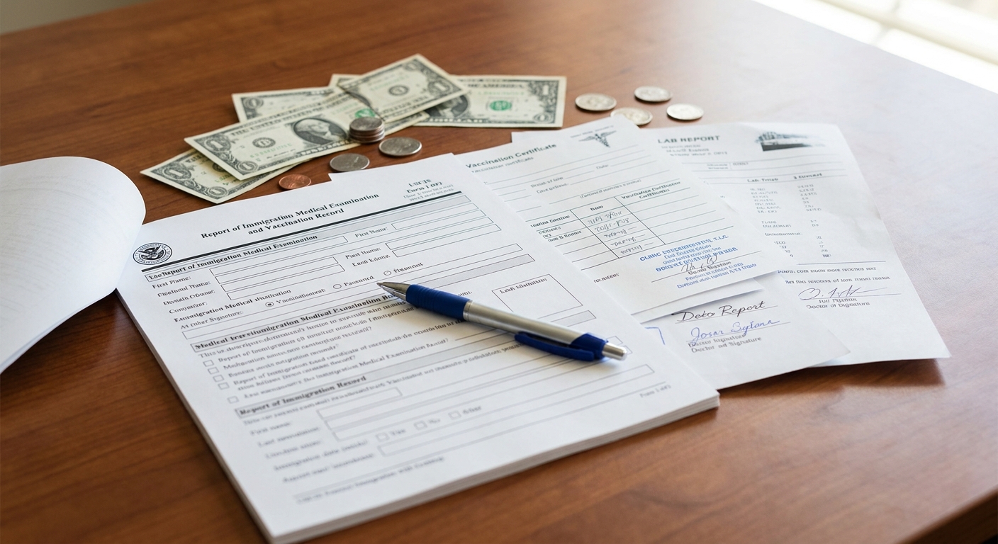 A stack of USCIS immigration medical exam cost documents, currency, and medical forms on a clinic desk.