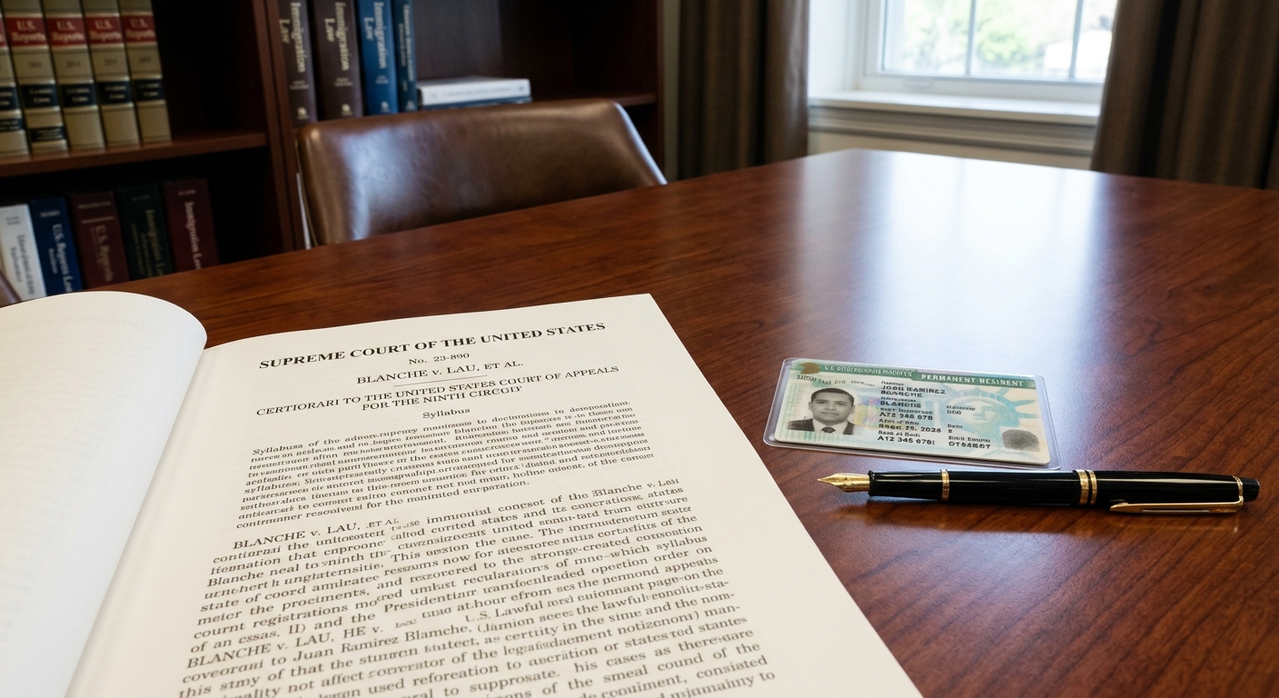 A Supreme Court slip opinion next to a permanent resident card on a desk, illustrating new LPR re-entry criminal standards.