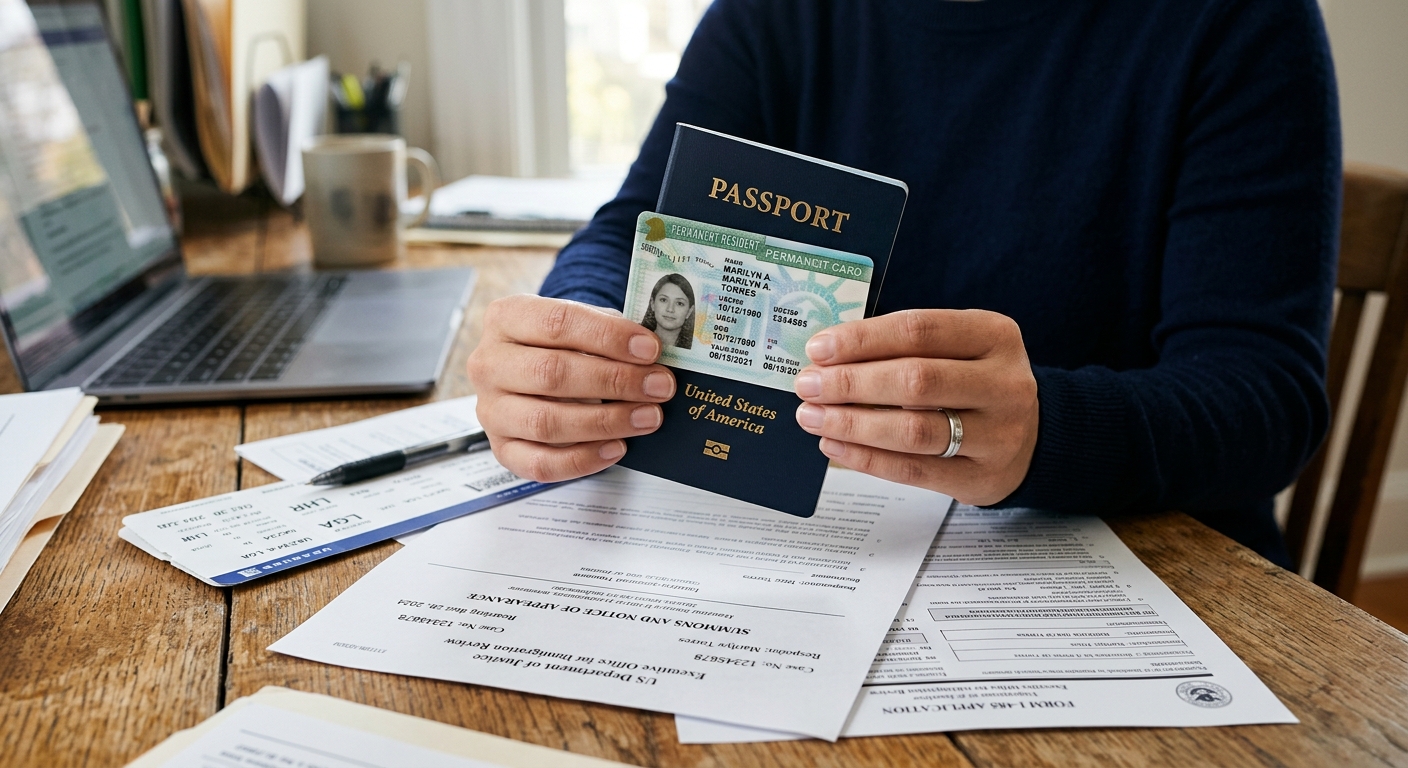 Zava Immigration Law Un viajero examina una tarjeta de residencia y un pasaporte junto a documentos legales.