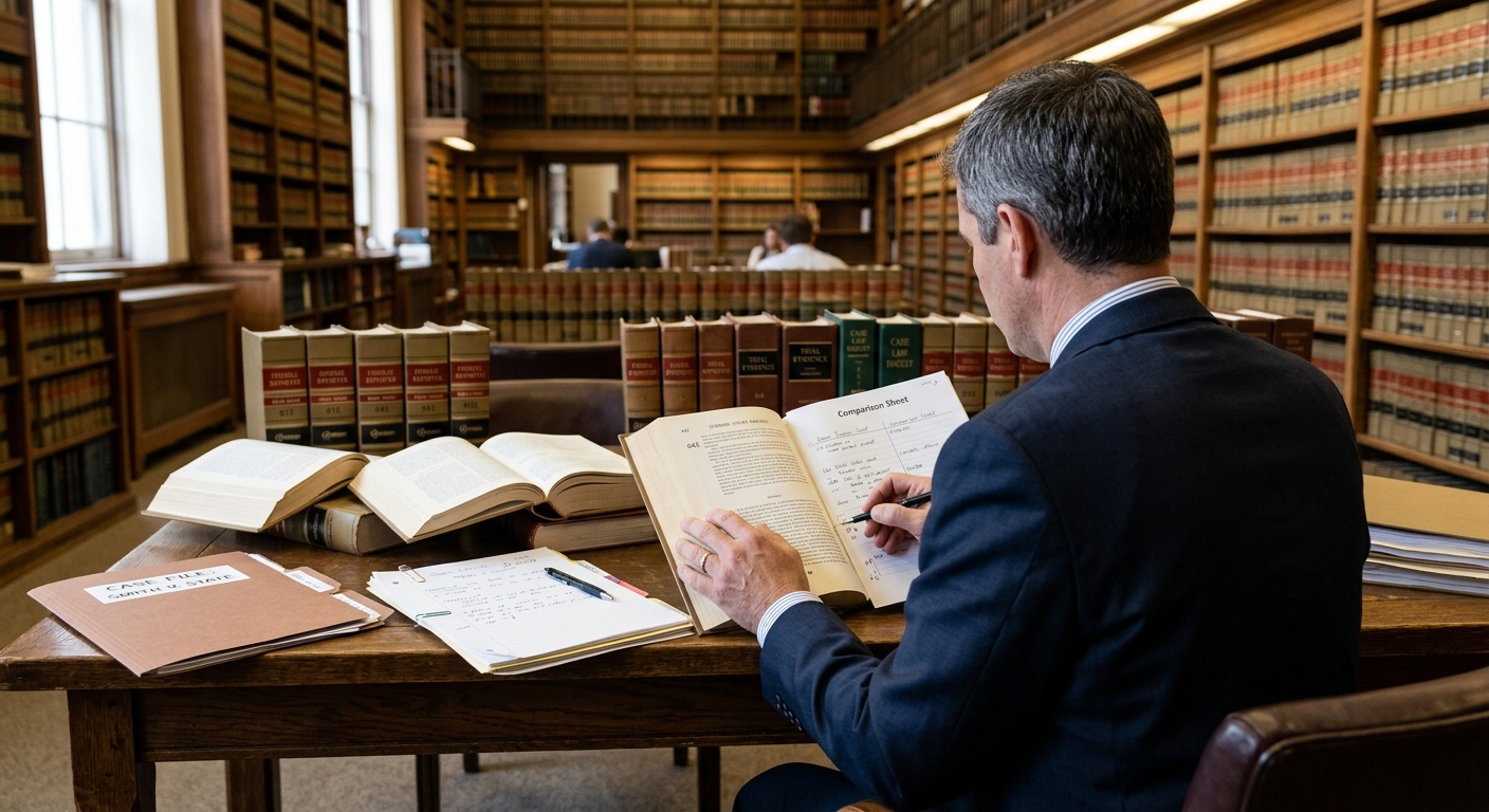 Zava Immigration Law Un abogado coteja precedentes legales impresos con libros encuadernados en cuero en una biblioteca.