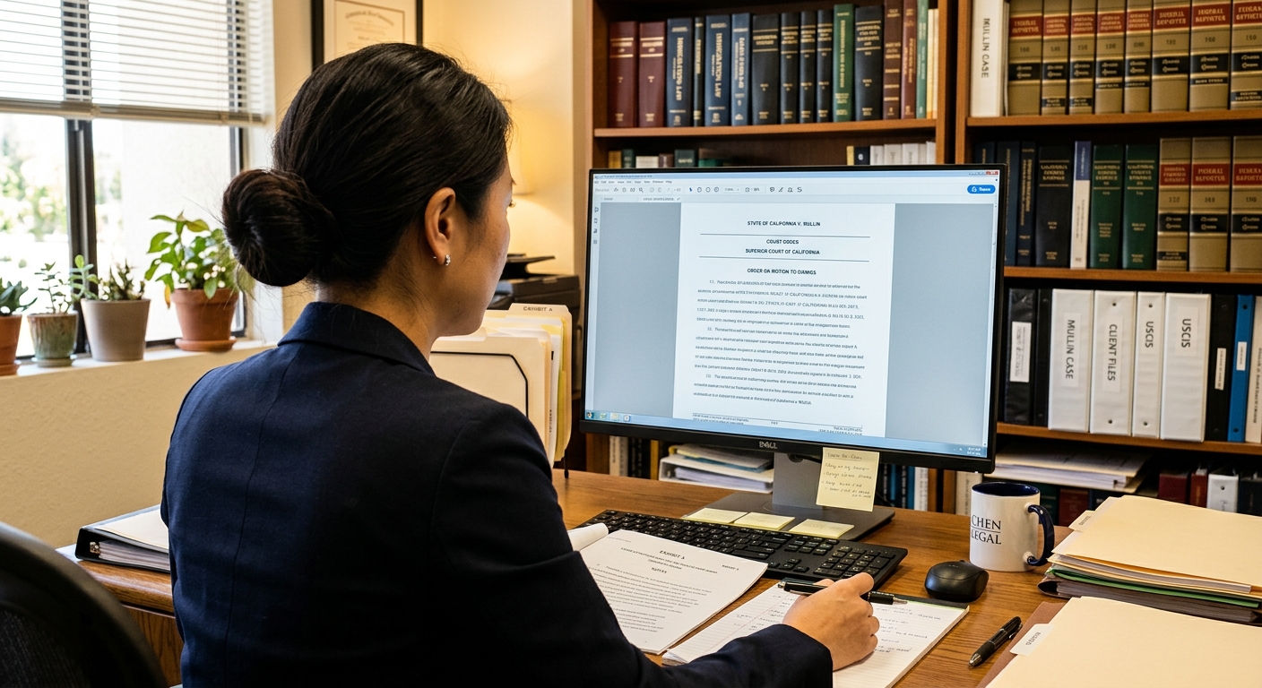Zava Immigration Law An attorney in a legal office reviewing a court order on a computer screen.