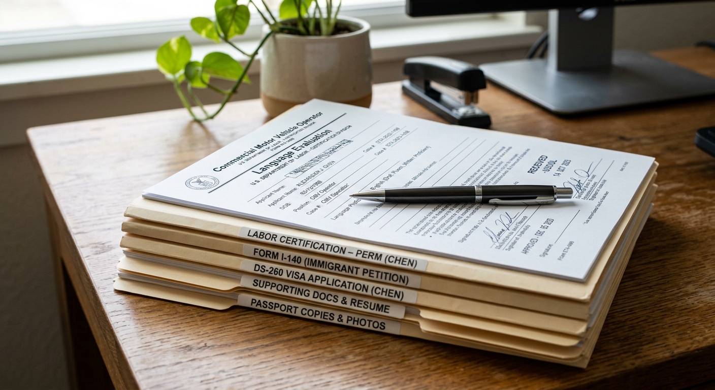 An official labor certification document detailing English proficiency for foreign drivers on a professional wooden desk.
