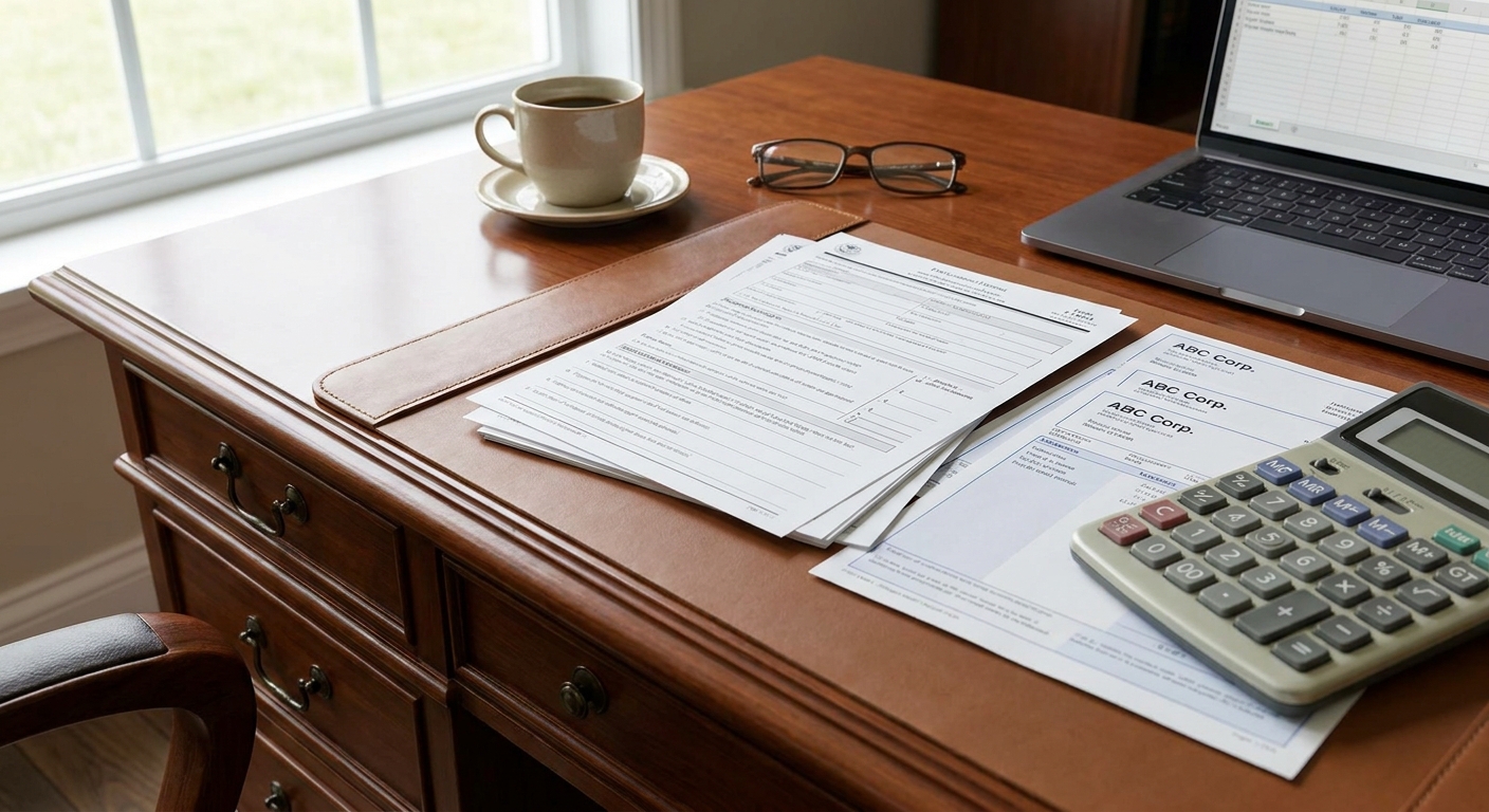 An organized desk with financial documents and a calculator used to verify affidavit of support income requirements.