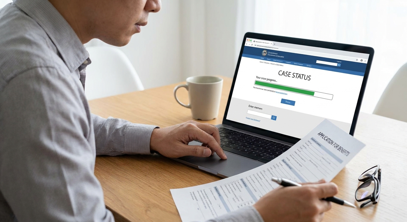 Zava Immigration Law Solicitante revisando el estatus de su caso de USCIS en línea mientras organiza documentos para la renovación del permiso de trabajo.