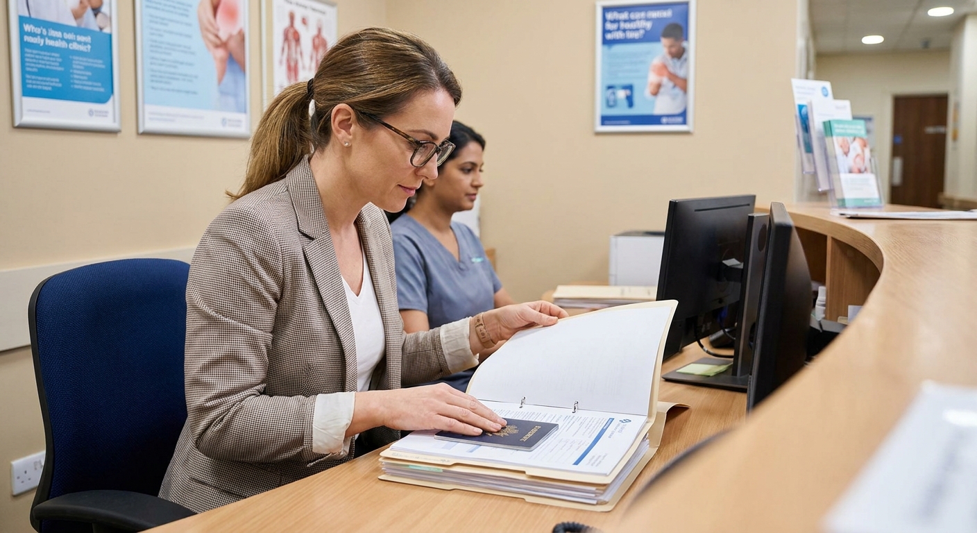 Zava Immigration Law Una solicitante organizando sus registros de vacunación e identificación con foto en el escritorio de una clínica médica para su examen de inmigración.