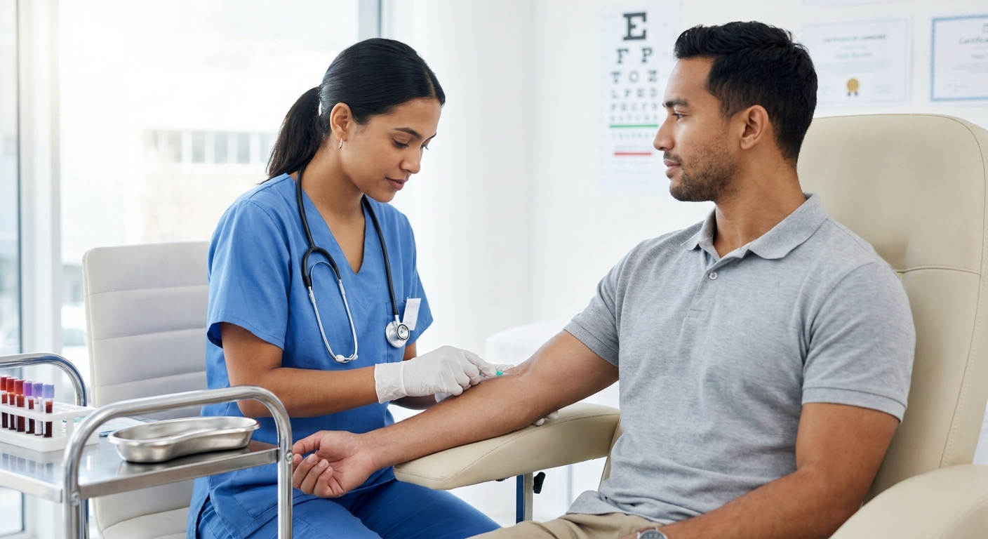 Zava Immigration Law Un cirujano civil realiza un análisis de sangre obligatorio para un examen médico migratorio.