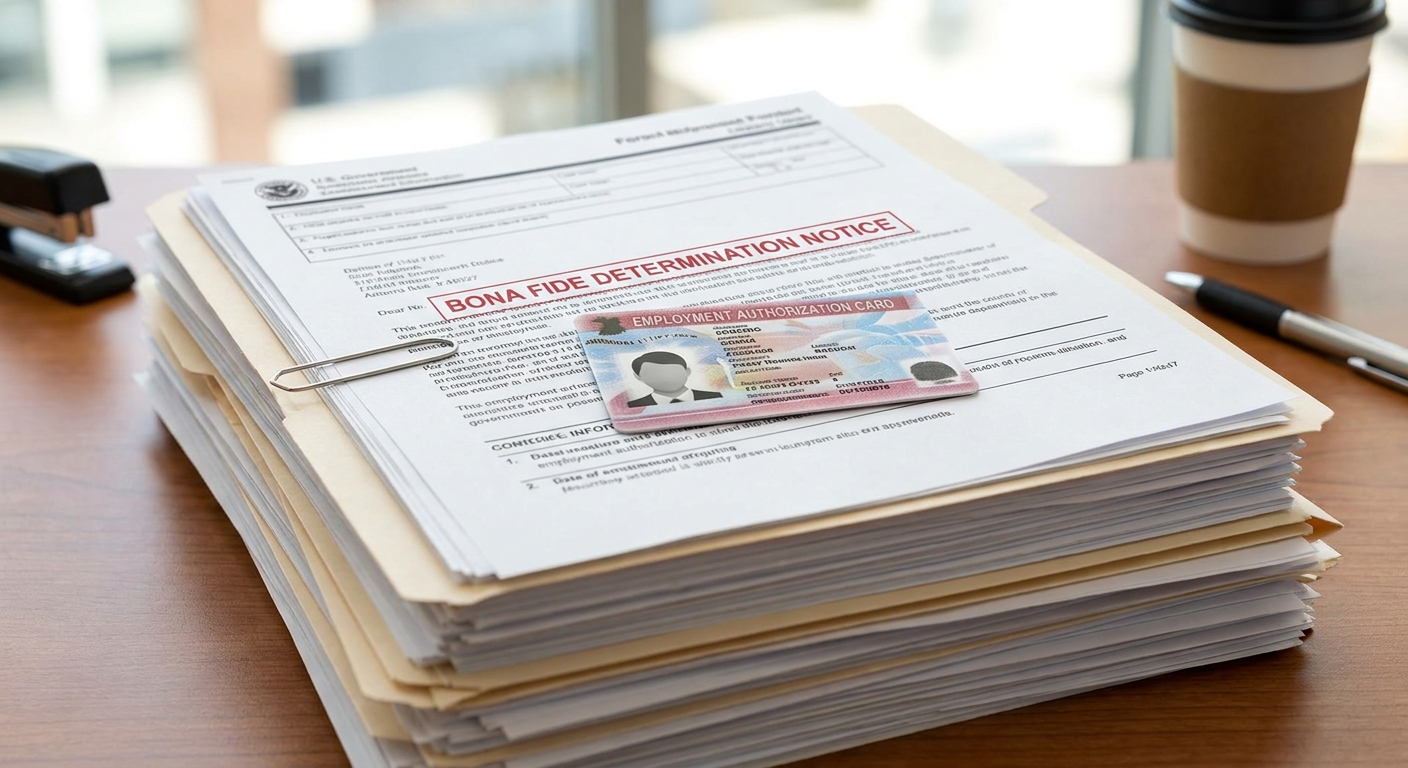 Documents related to a u visa work permit application, including an EAD card and BFD notice.