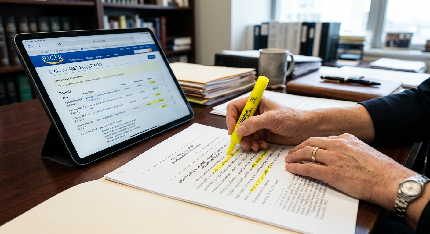 Zava Immigration Law Manos resaltando citas verificadas junto a una base de datos abierta en la pantalla de una tableta.