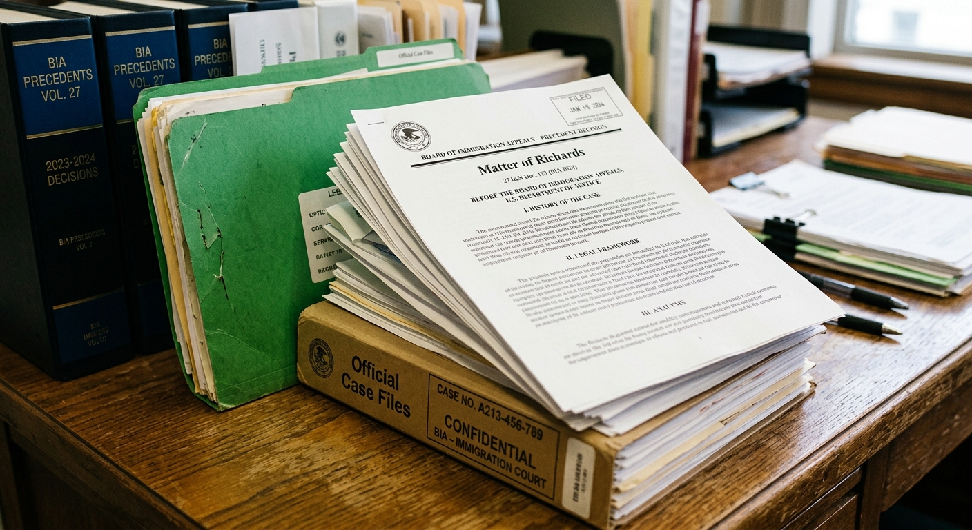 Legal documents and case files on a desk highlighting the new standard of discretionary denial for lack of candor in immigration proceedings.