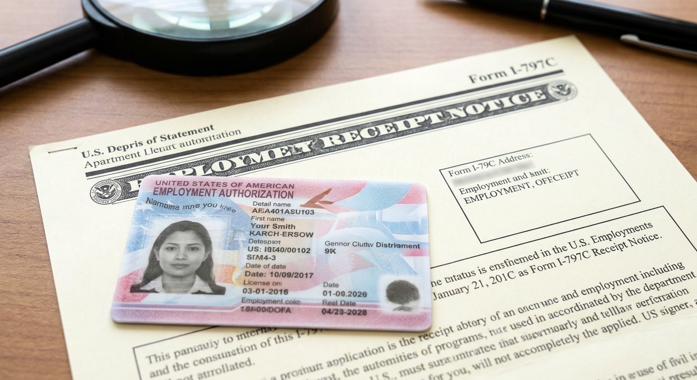 Official Form I-797C receipt notice resting on a desk next to an employment authorization card renewal application and physical card.
