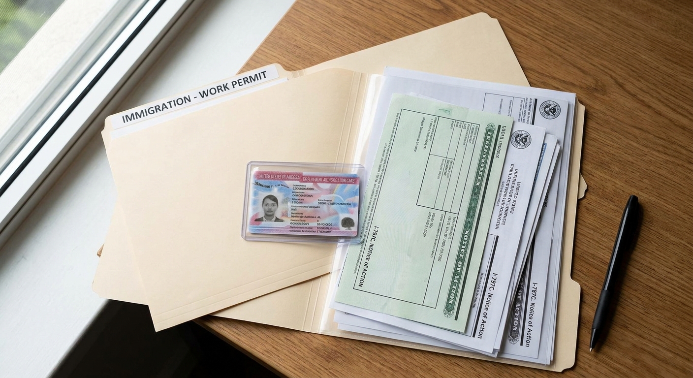 Zava Immigration Law Carpeta organizada con un aviso de acción I-797C y permiso de trabajo vencido para verificación legal.