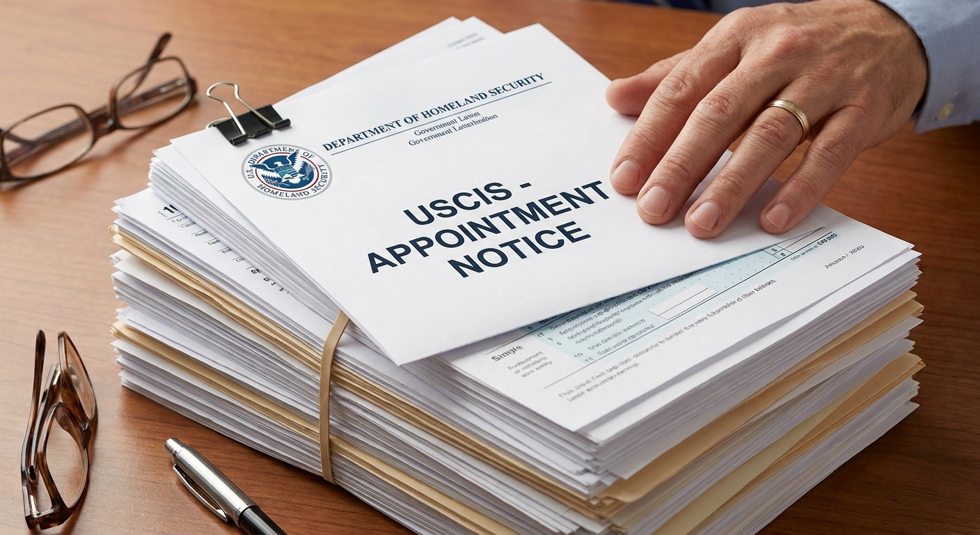 Zava Immigration Law Pila de evidencia financiera organizada con una notificación de cita de USCIS para proceso consular.